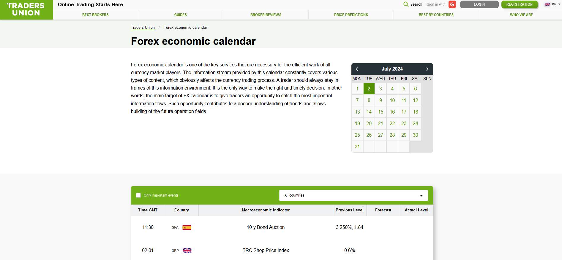 Traders Union economic calendar