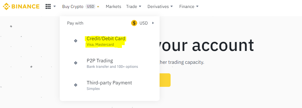 Buy Crypto button in Binance