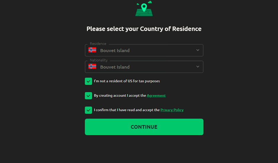 Selecting the country of residence