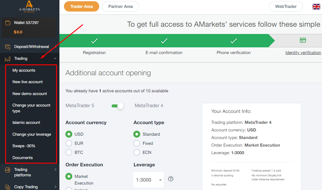 AMarkets’ User Account - Account management