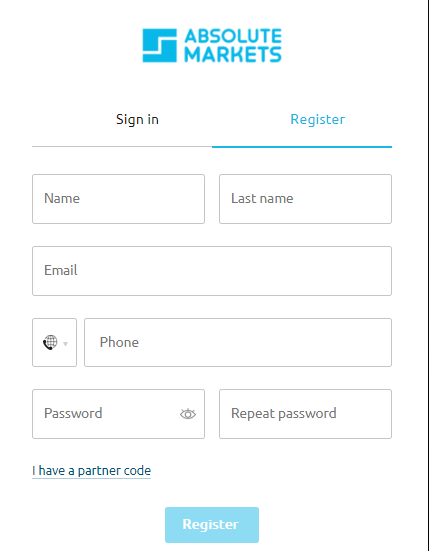 Absolute Markets Review — Filling out the registration form