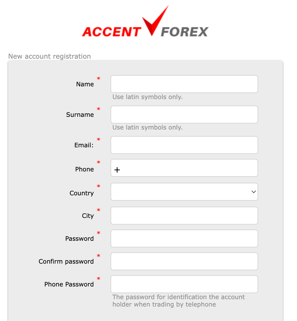 Review of AccentForex’s User Account — Registration form