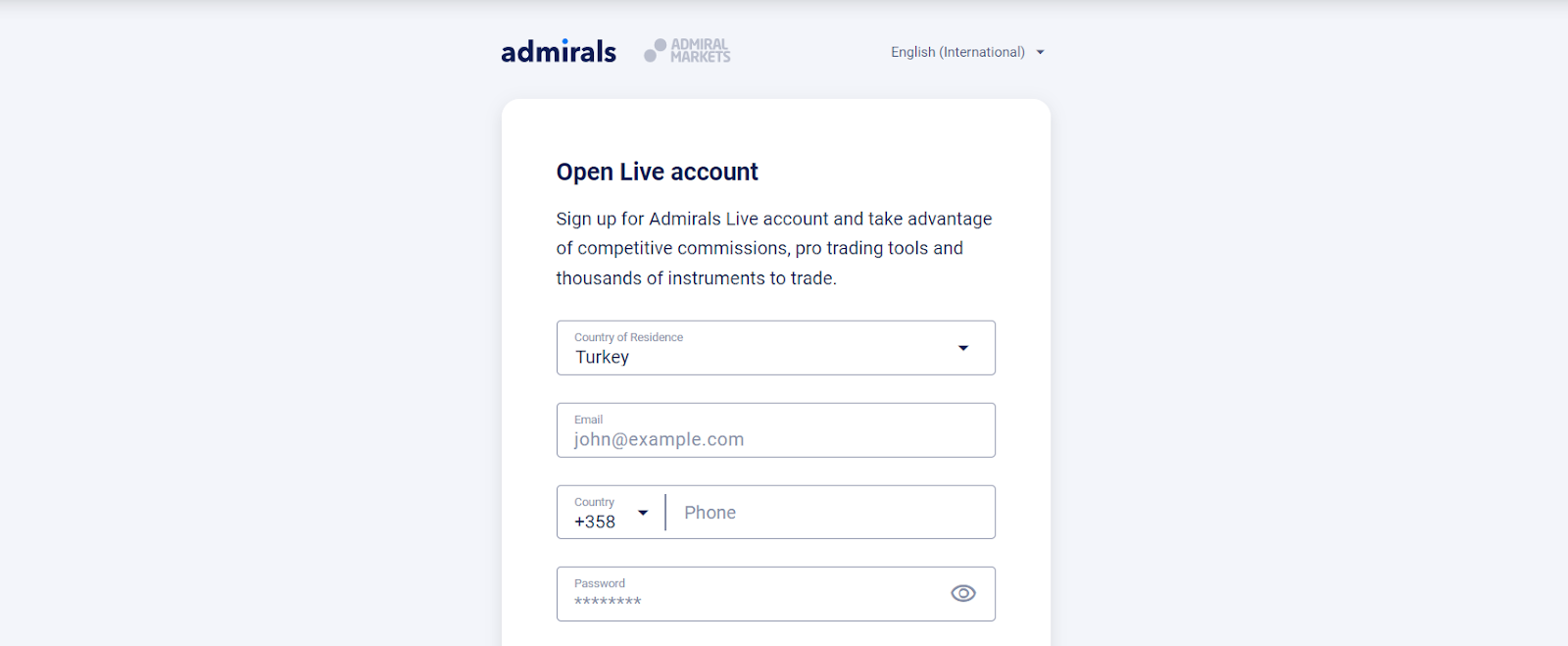 Admirals web İncelemesi - Kayıt