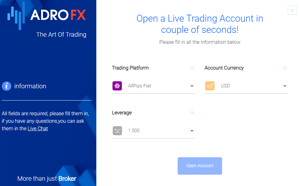 Review of AdroFx’s User Account — Open a trading account