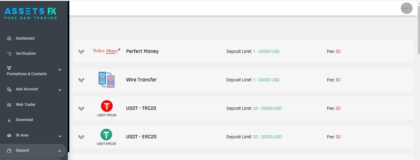 Review of AssetsFX’s User Account — Making a deposit