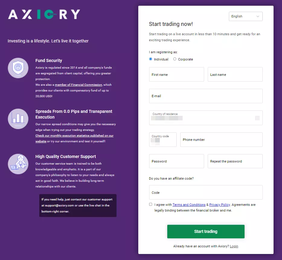 Axiory Review — Completing the registration form