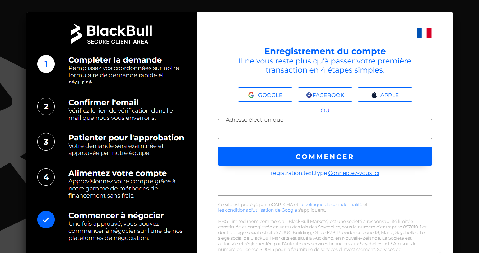Vous pouvez vous connecter au compte utilisateur BlackBull Markets en utilisant votre compte Google ou Facebook.
