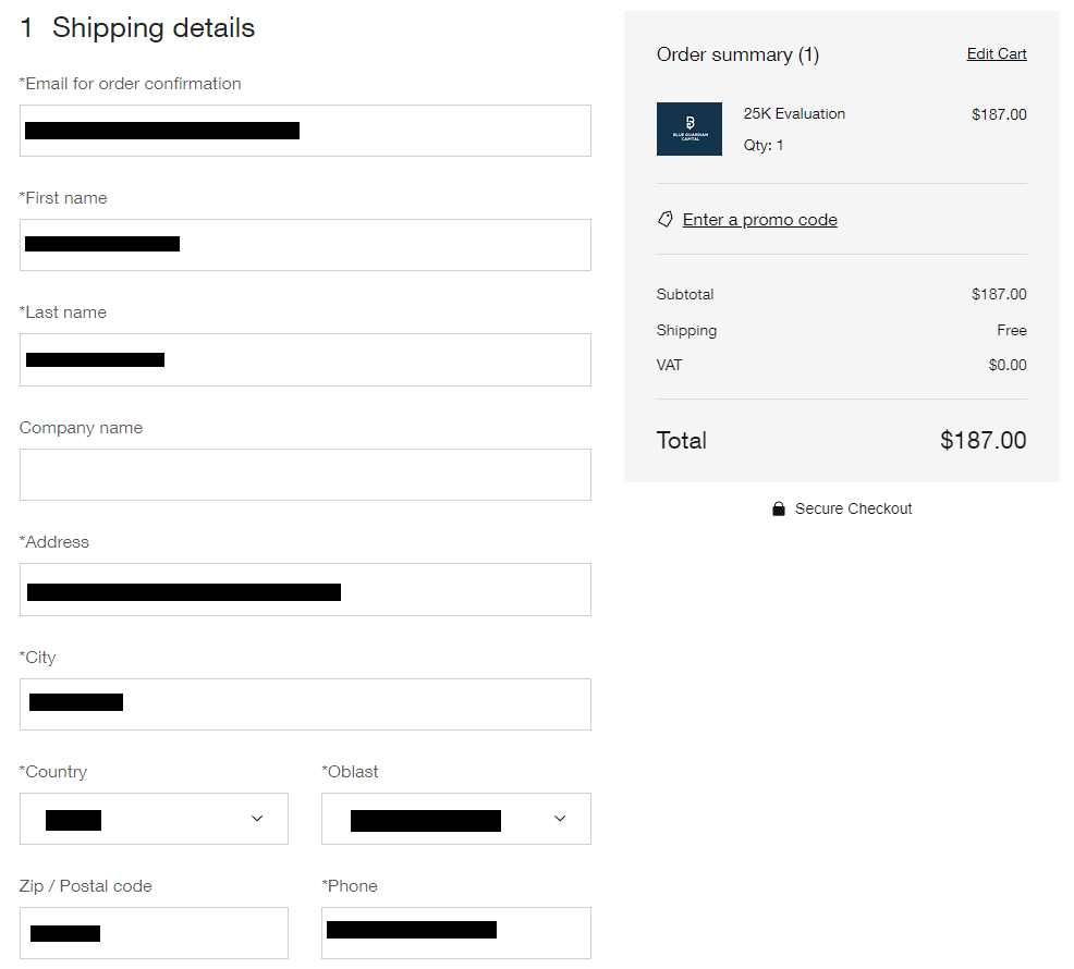 Review of Blue Guardian Capital - Shipping details