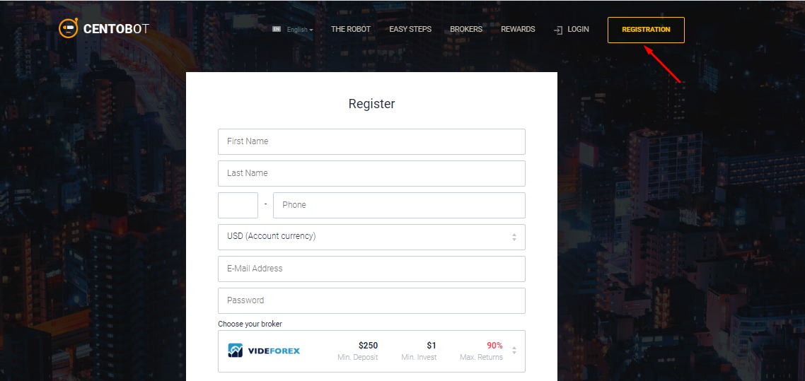 Overview of Centobot’s user account — Registration