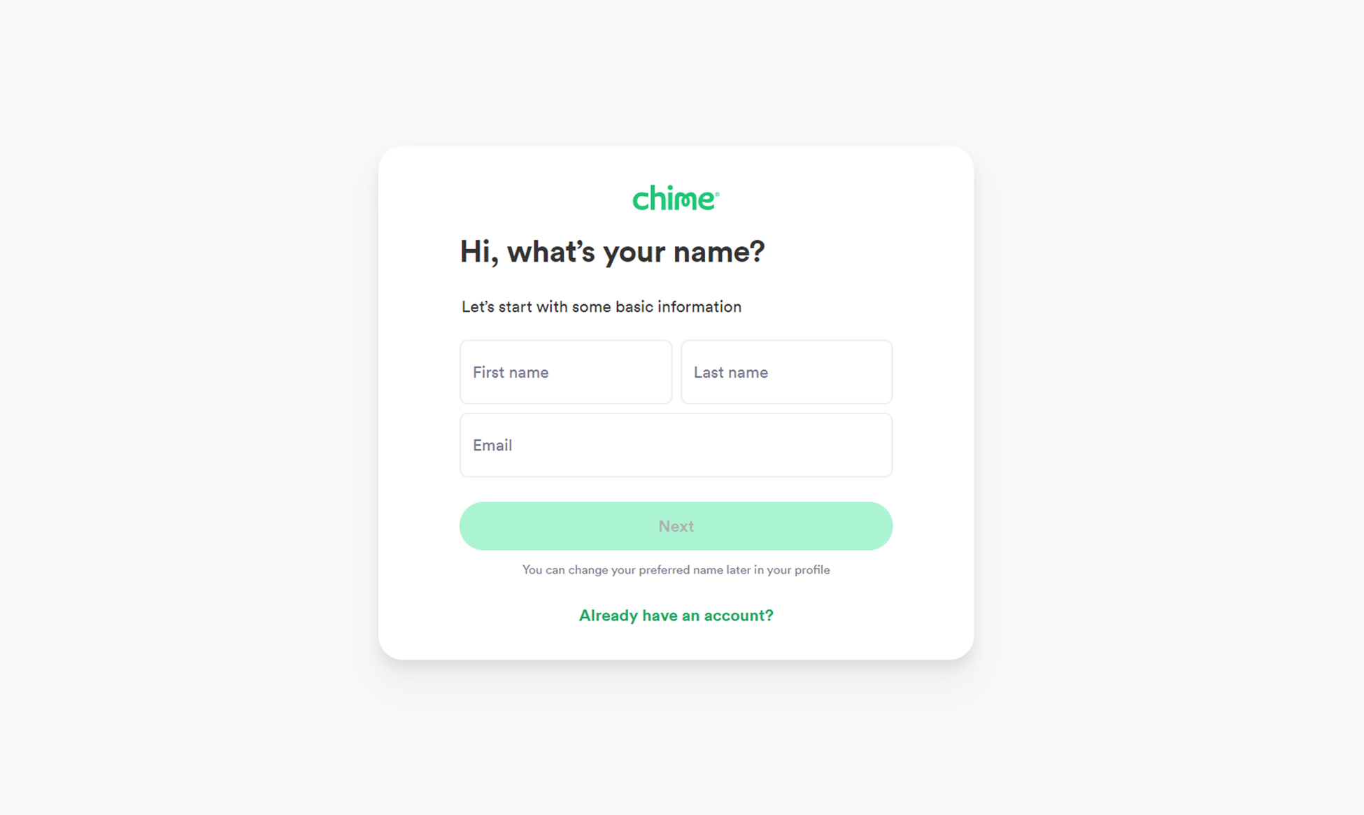 Chime Bank logon page