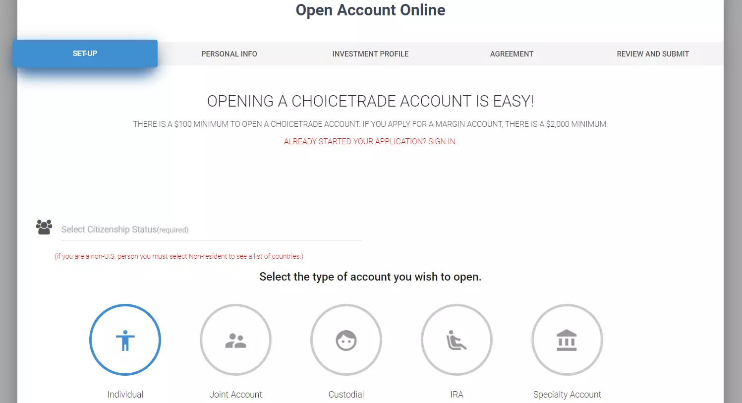 ChoiceTrade Review — Account type selection
