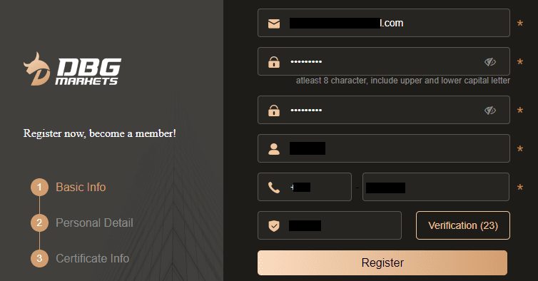 Review of DBG Markets’ User Account — First registration step