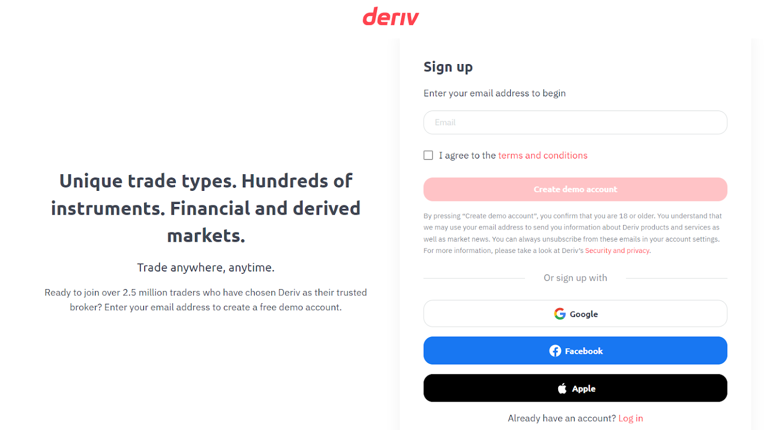 Přehled osobního účtu Deriv – registrace nového účtu