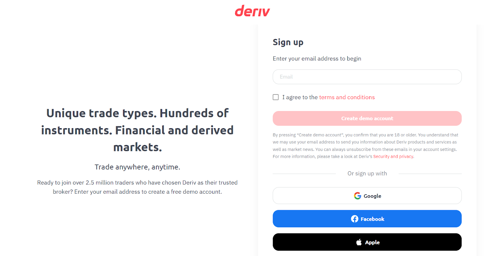 Overzicht van Deriv's persoonlijke account - Nieuwe account registreren