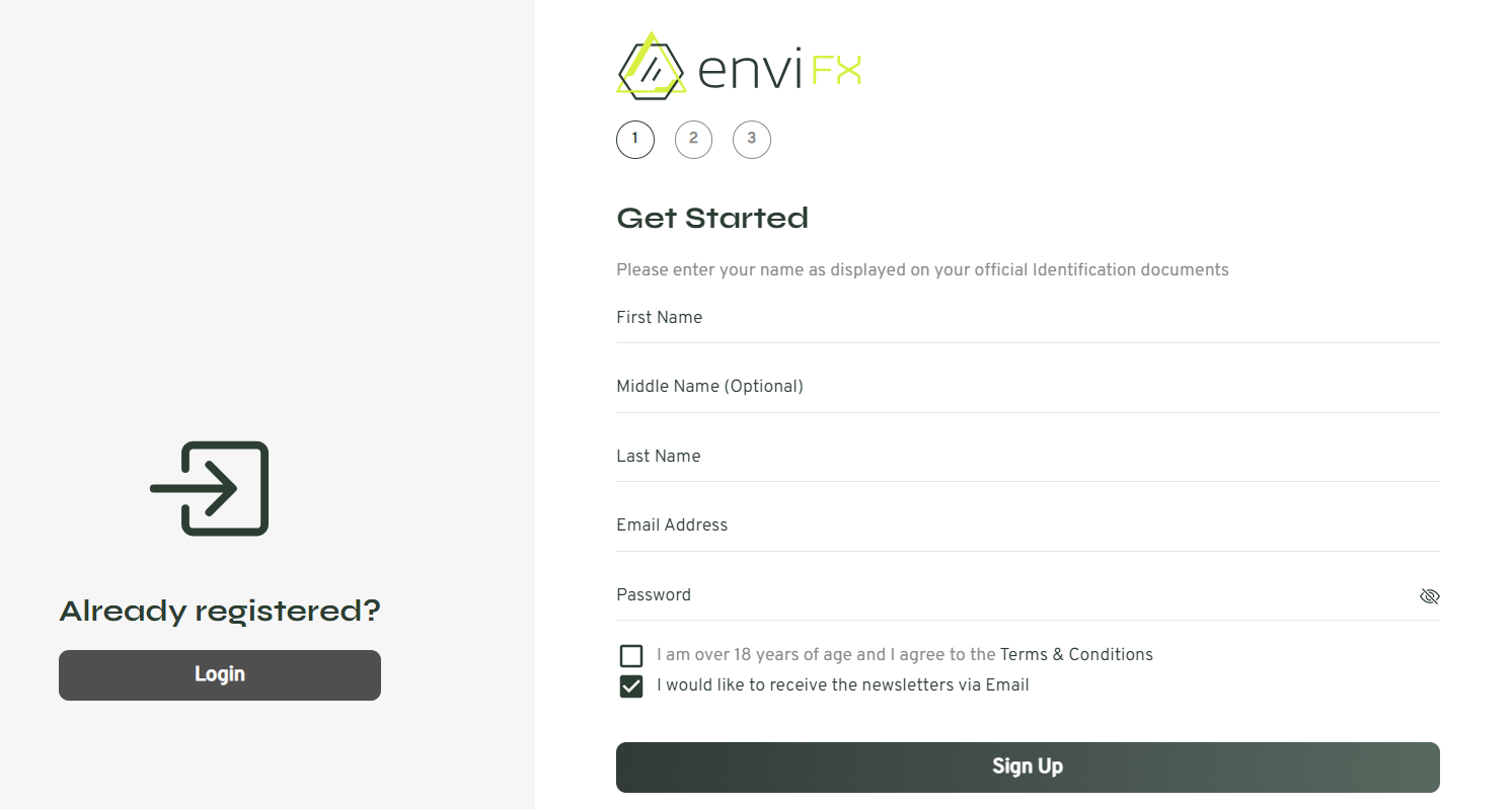 Review of EnviFx’s User Account — Filling out the registration form