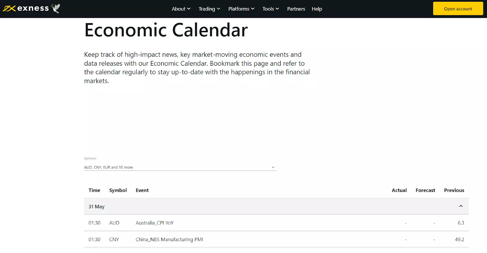 erramientas útiles de Exness: Calendario económico