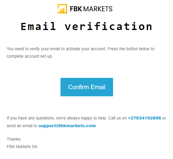 Review of FBK Markets’ user account — Confirmation of registration via email