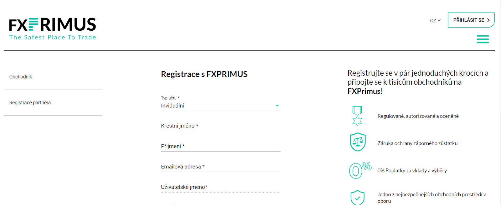 Registrace na webu FXPrimus