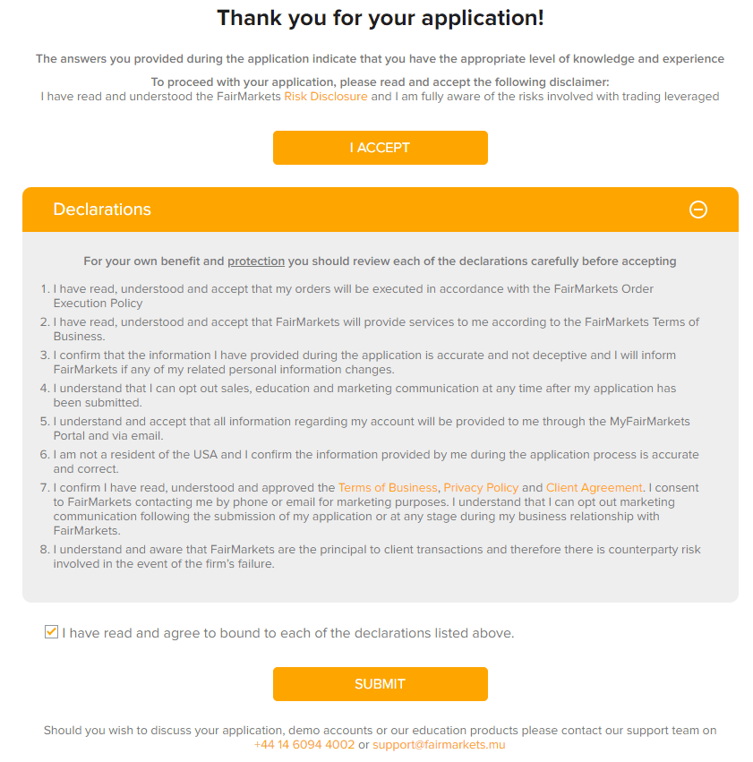 Review of FairMarkets’ user account — Client agreement