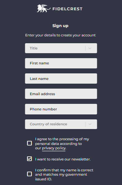 User Account Overview — Registration form