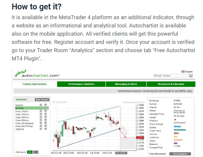Useful tools of Forex4you - Autochartist plug-in