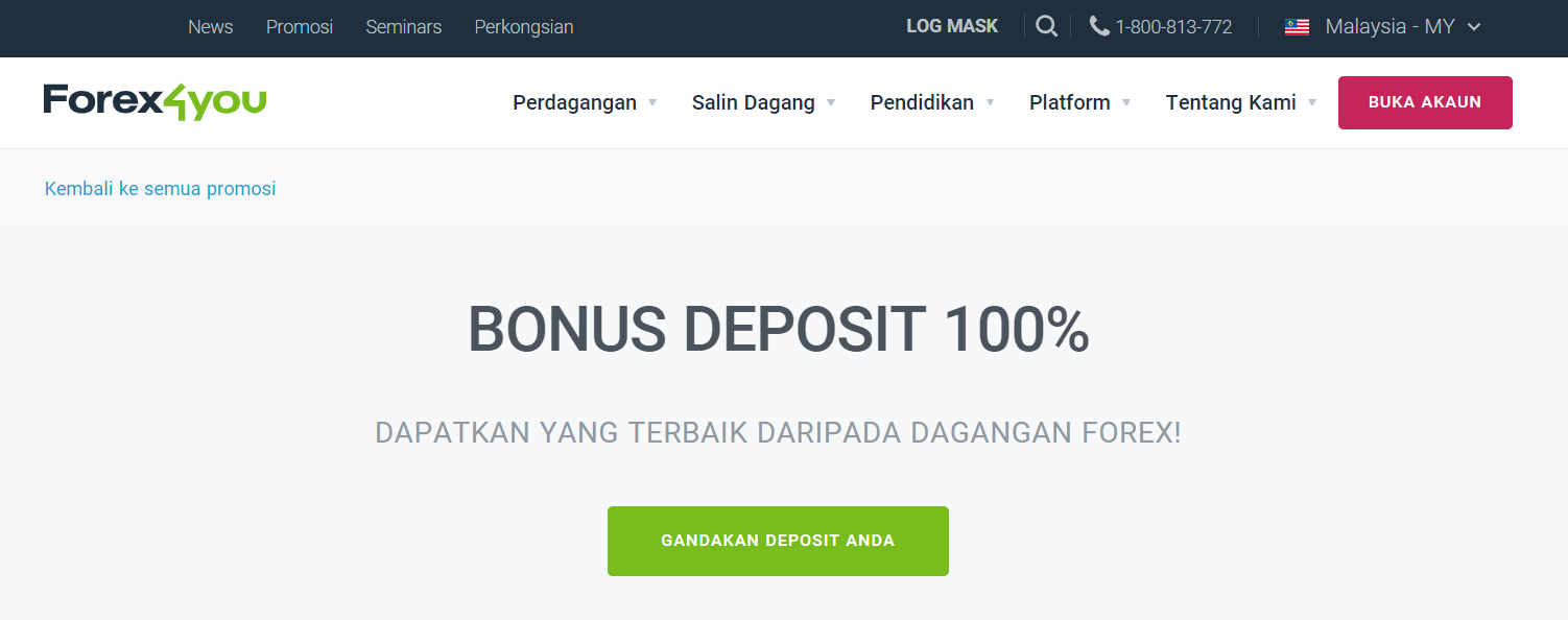 Bonus Forex4you - 100% untuk penambahan deposit