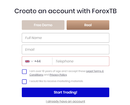 ForexTB Review — Filling out the registration form