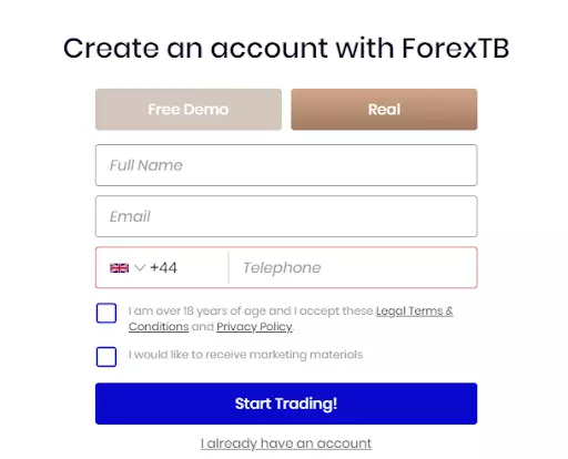 ForexTB Recenzja - Wypełnianie formularza rejestracyjnego