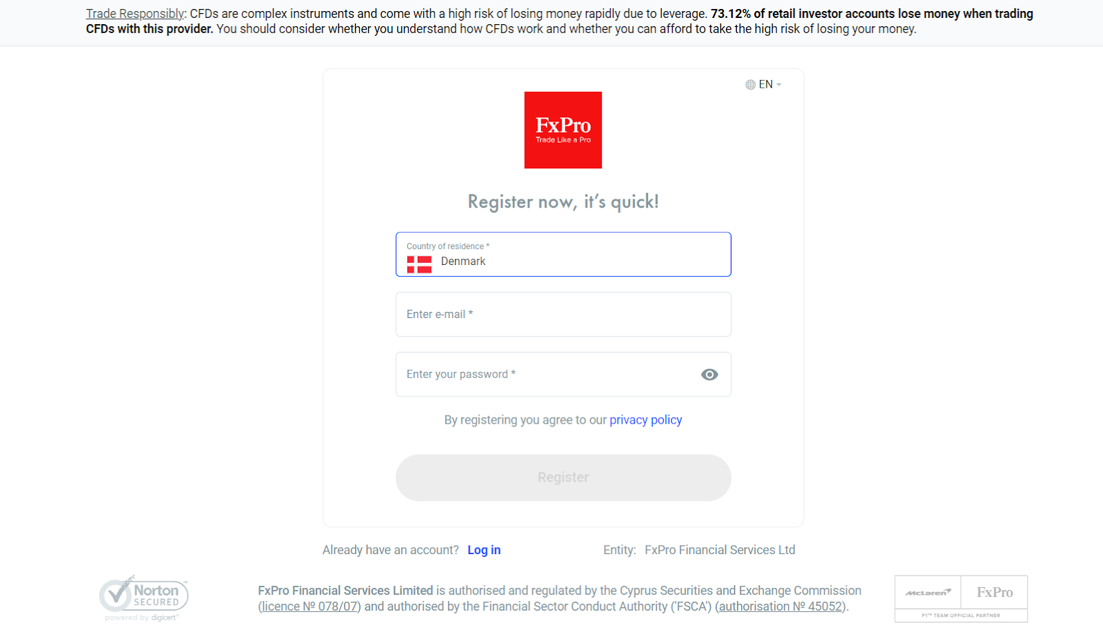 FxPro Anmeldelse - Registrering