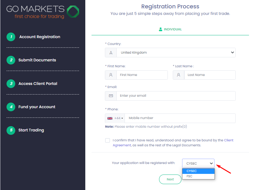 GO Markets Review — Completing the registration form