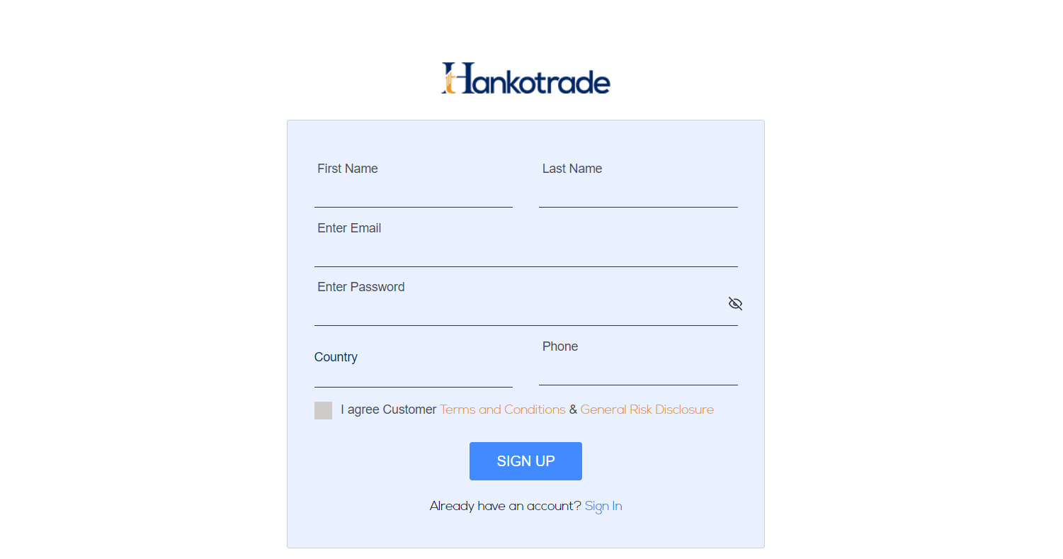 Review of Hankotrade’s User Account ꟷ Creation of a live account