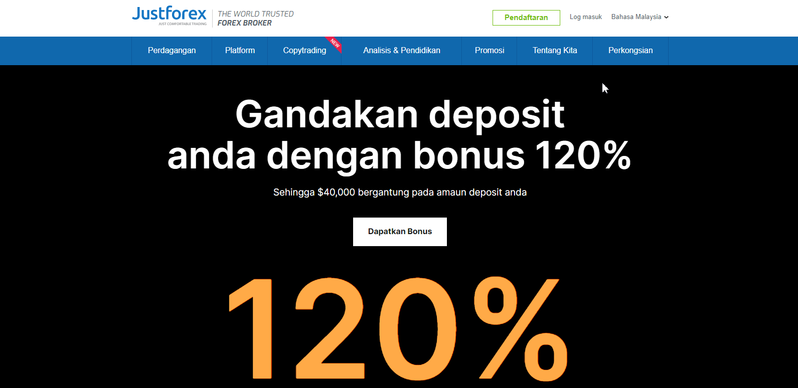 Bonus daripada JustMarkets - Bonus panas 120% untuk deposit