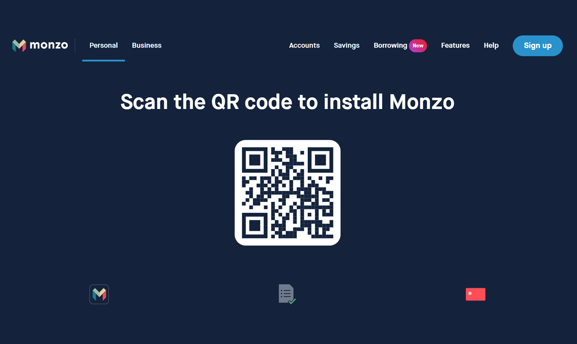 Homepage of Monzo Bank