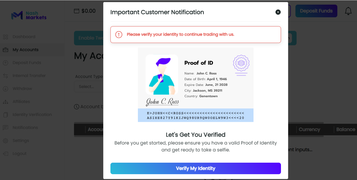 Review of Nash Markets’ User Account — Verification