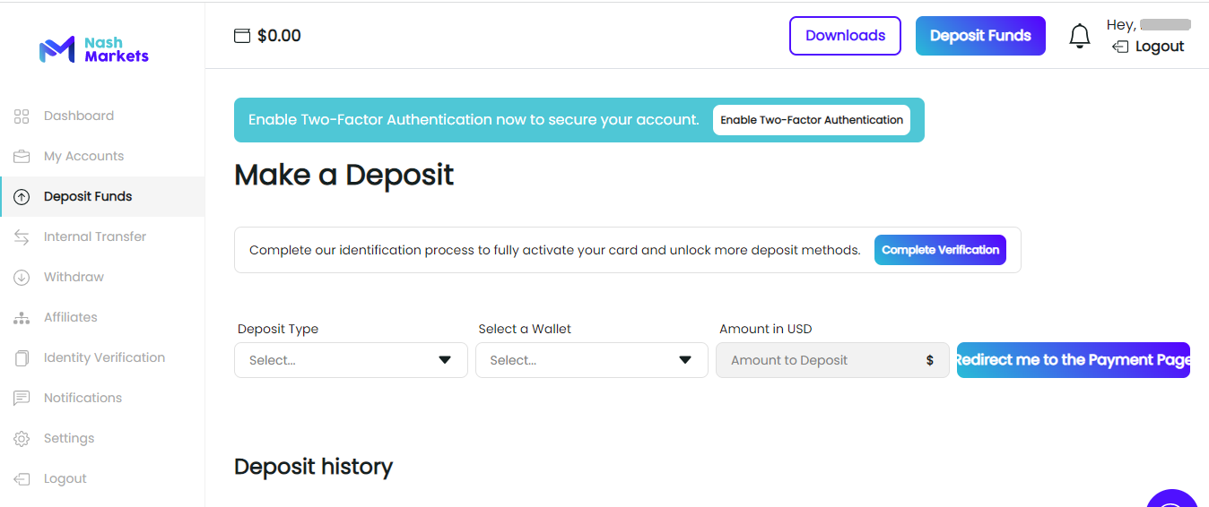 Review of Nash Markets’ User Account — Deposit of funds
