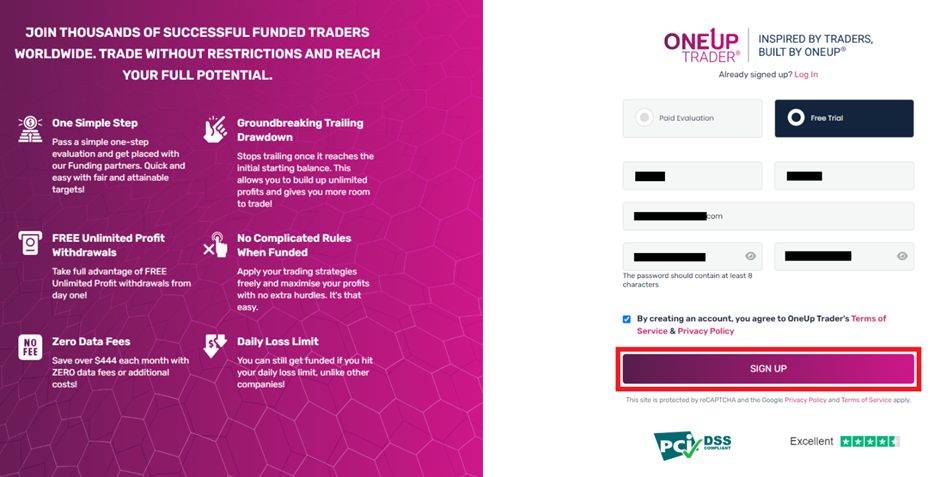 Übersicht des Benutzerkontos von OneUp Trader – Registrierung