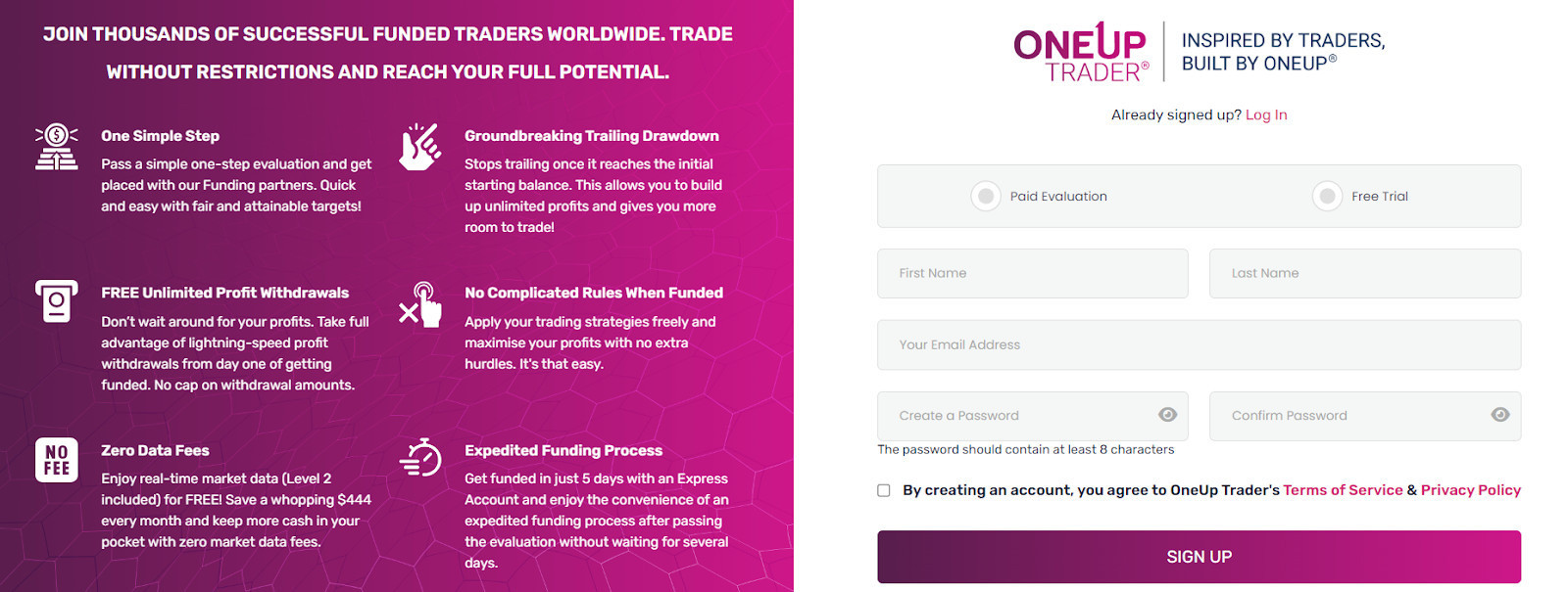 Descripción general de la cuenta de usuario de OneUp Trader: Registro