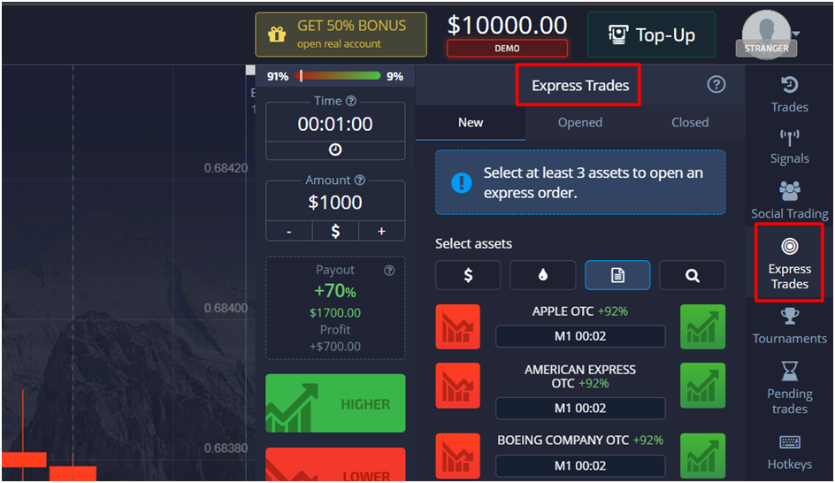 Handige tools van Pocket Option - Express trades