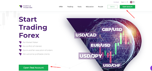 Overview of Purple Trading’s personal account — Registration