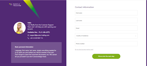 Overview of Purple Trading’s personal account — Complete the contact form