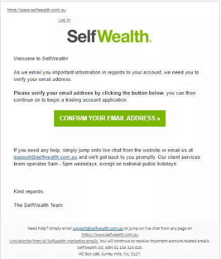 SelfWealth Personal Account Overview — Email confirmation