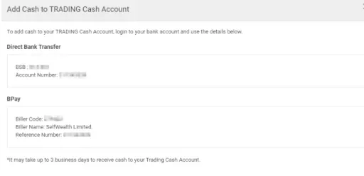 SelfWealth Personal Account Overview — Replenish the account balance