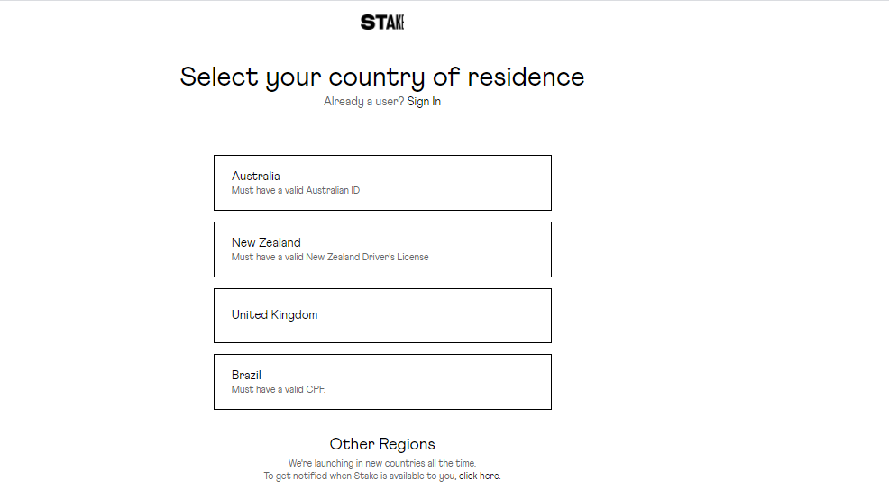 Stake Review — Select your country of residence