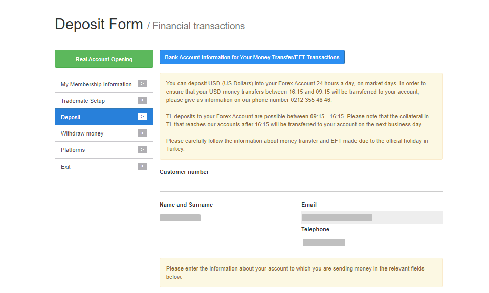 Review of Tacirler Yatırım’s User Account — Deposit funds