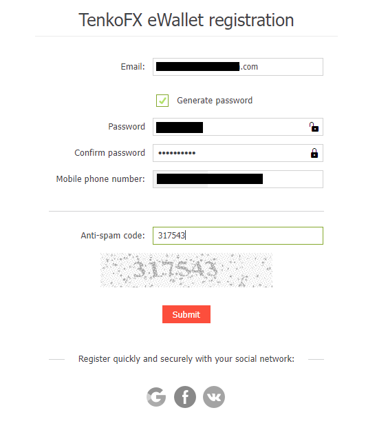 Review of TenkoFX’s User Account — Filling out the registration form