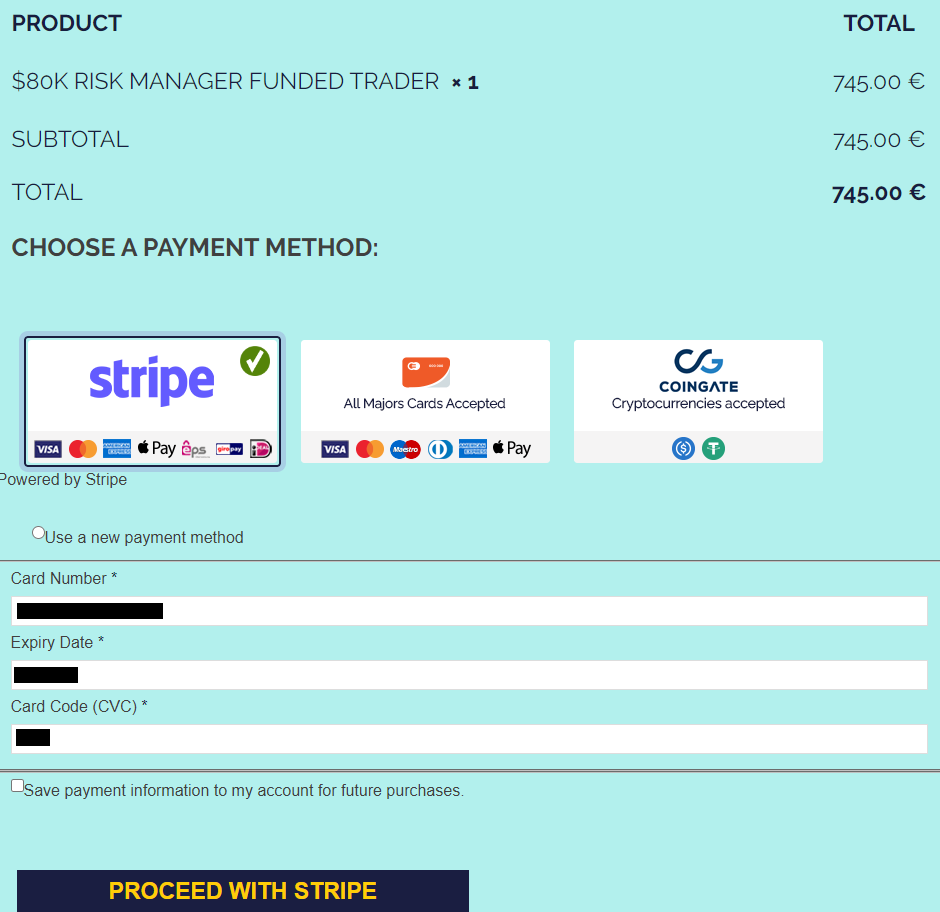 Panorama da conta de um usuário The5ers – Escolha do método de depósito e a transferência de fundos
