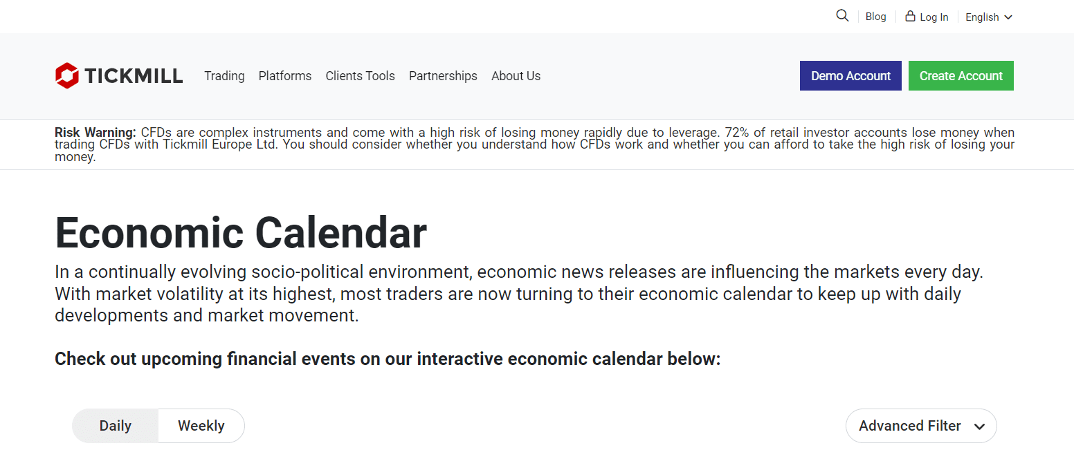 Instrumentele utile ale Tickmill - Calendar economic