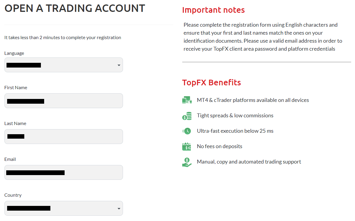 Overview of TopFX’s User Account — Filling out the registration form