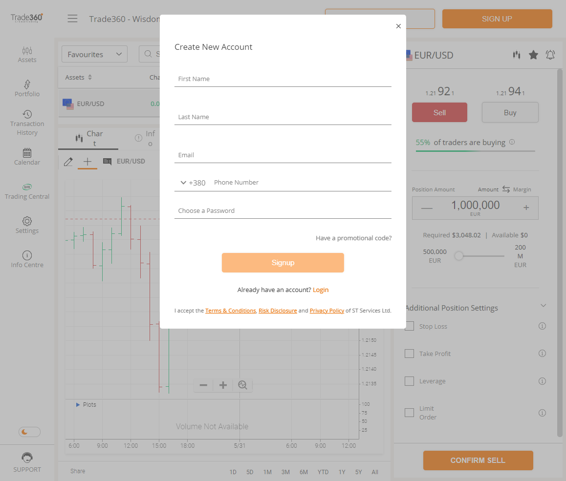 Trade360 review – Signup form