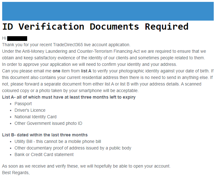 Review of TradeDirect365’s User Account — Verification
